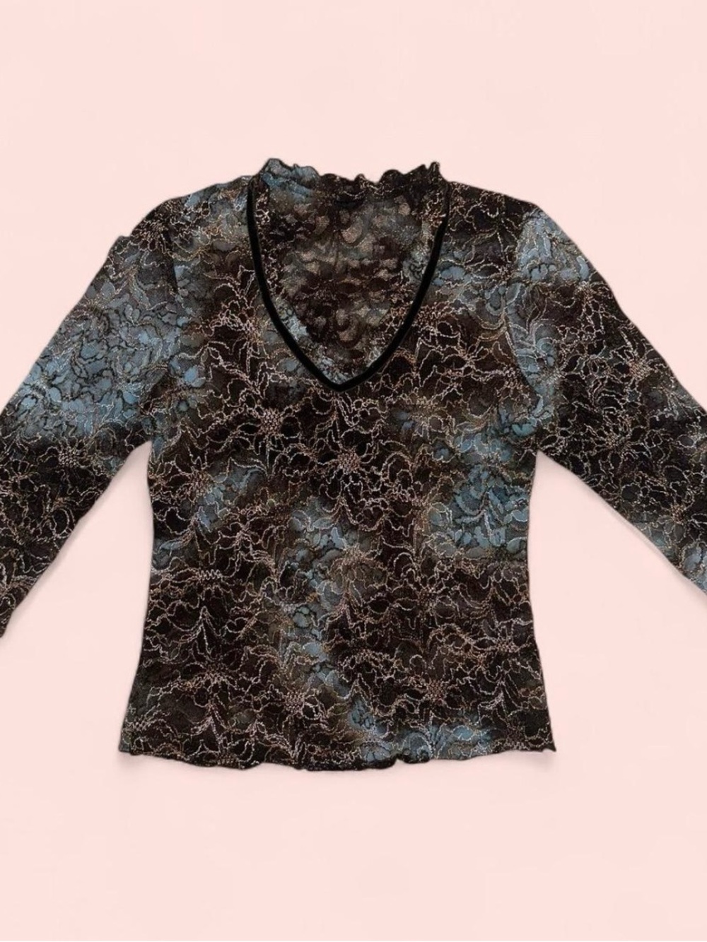 TRIBAL Black & Blue Lace V-Neck Long Sleeve Top